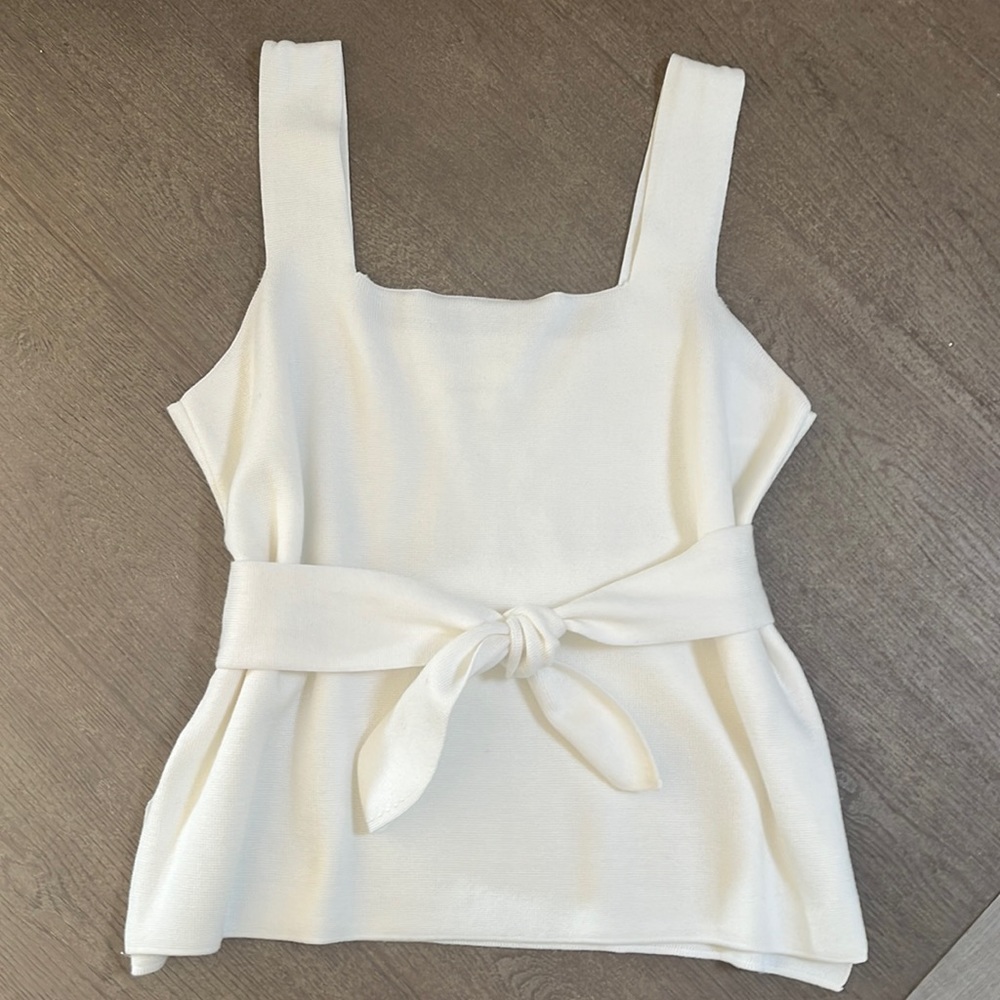 Anthropologie Cream Square-Neck Tie-Waist Tank Top